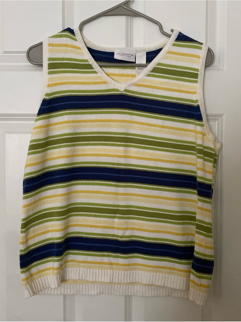 Liz Claiborne Women's Striped V-Neck Sweater Vest - White, Navy & Yellow-Green